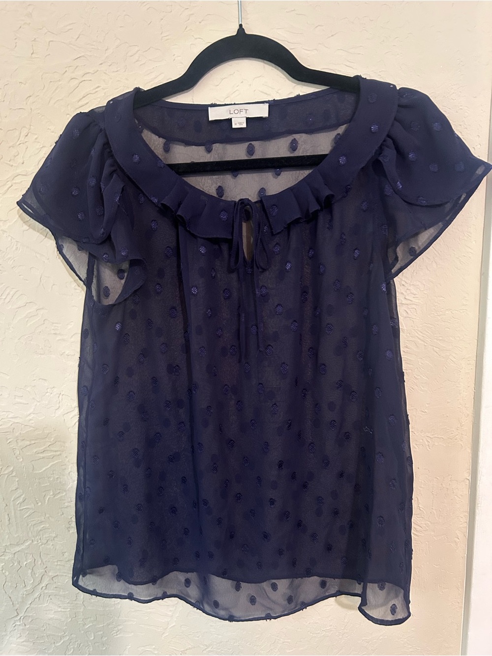 LOFT Navy Swiss Dot Sheer Ruffle Tie-Front Blouse